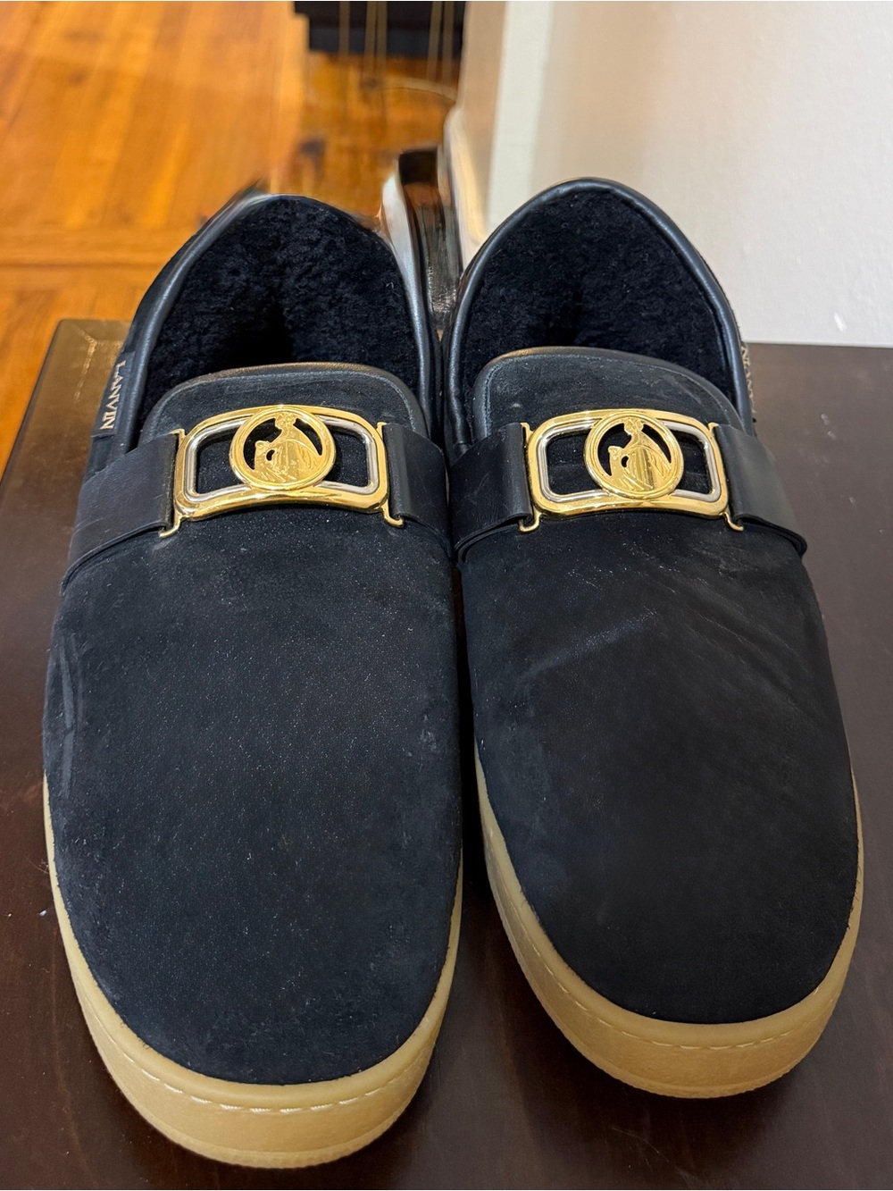 Lanvin Black Suede Slip-On Loafers with Gold Emblem and Gum Sole